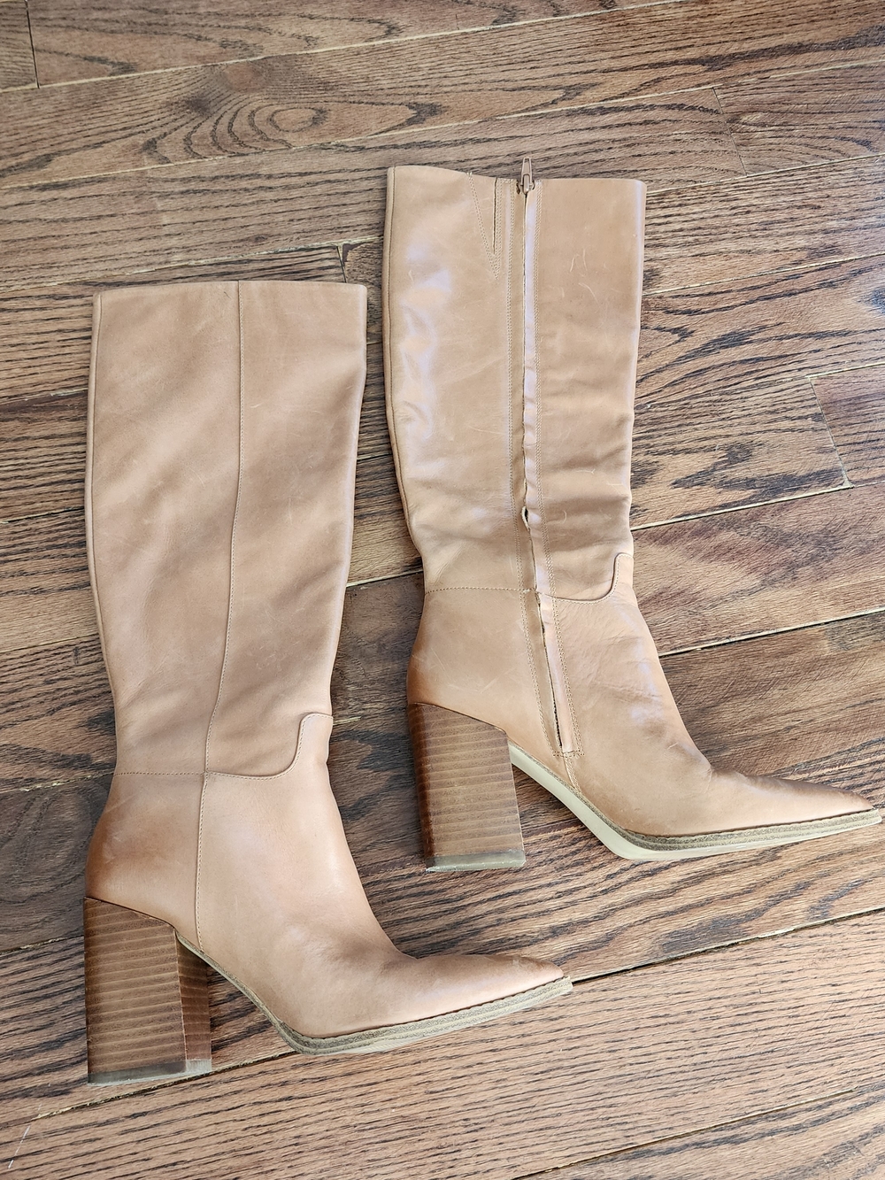 Nine West Tan Leather Tall Boots 7 Boho Chic Minimalist Western Neutral Pointy
